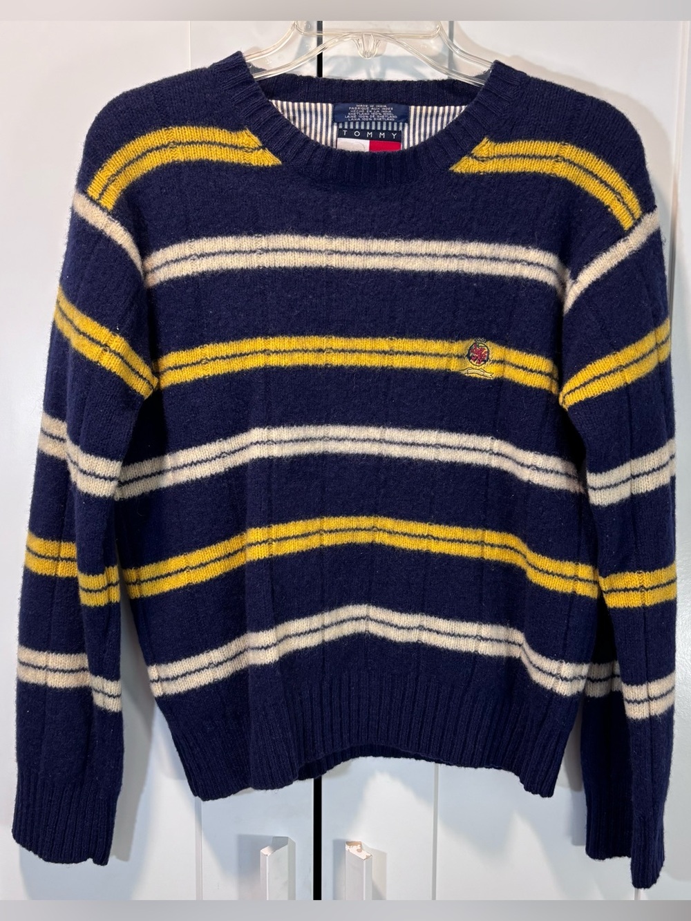 Vintage Tommy Hilfiger Shetland Wool Sweater S Navy Stripe Crest Preppy 90s